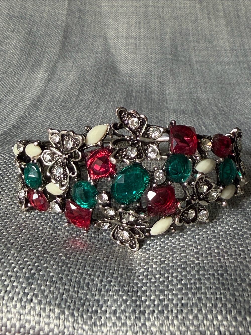 Ornate Jeweled Butterfly Clamper Cuff Bracelet Multi Color Rhinestone Filigree